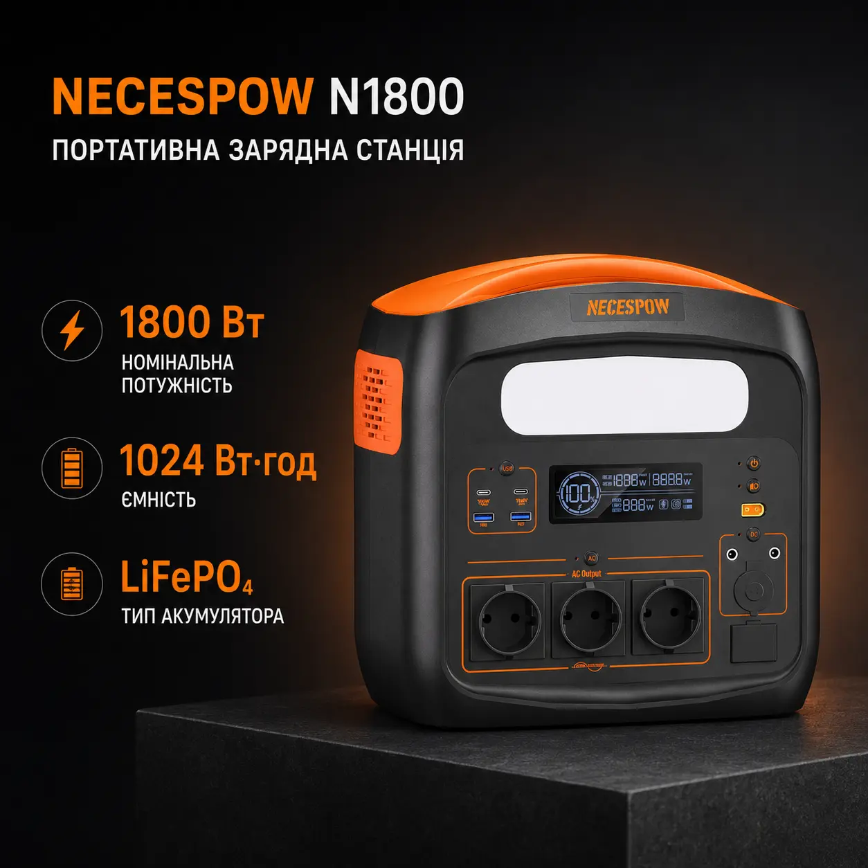 Основний вигляд Портативна зарядна станція NECESPOW N1800